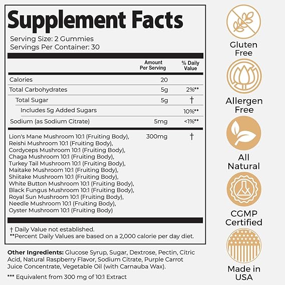 Auri Super Mushroom Daily Gummies - All-in-One Daily Mushroom Supplement Gummy - 12 Mushroom Blend with Chaga, Lions Mane, Reishi, Cordyceps - 60 Gummies