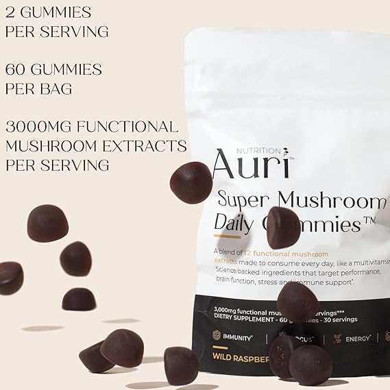 Auri Super Mushroom Daily Gummies - All-in-One Daily Mushroom Supplement Gummy - 12 Mushroom Blend with Chaga, Lions Mane, Reishi, Cordyceps - 60 Gummies