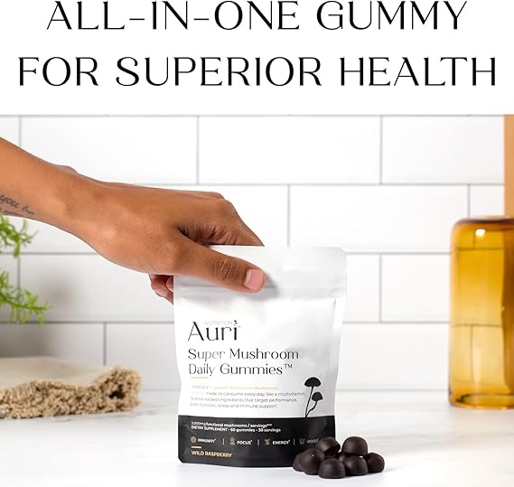 Auri Super Mushroom Daily Gummies - All-in-One Daily Mushroom Supplement Gummy - 12 Mushroom Blend with Chaga, Lions Mane, Reishi, Cordyceps - 60 Gummies