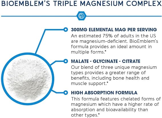 Buy BioEmblem Triple Magnesium Complex: 300mg of Magnesium Glycinate, Malate, & Citrate for muscles, nerves, and energy. High absorption, vegan, non-GMO, 90 capsules. - prduct image - health - muzsha ltd- trend hub