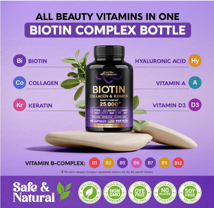 Biotin - Collagen -  Keratin - Hyaluronic Acid - Hair Growth Support Supplement - Skin & Nails Beauty Complex 25000 mcg - B1 - B2 - B3 | B6 - B7 - Made in USA - For Women & Men - 60 Capsule -hair growth supplement-  health- product i,age- muzsha ltd- trend hub