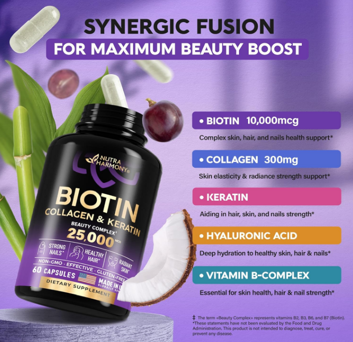 Biotin - Collagen -  Keratin - Hyaluronic Acid - Hair Growth Support Supplement - Skin & Nails Beauty Complex 25000 mcg - B1 - B2 - B3 | B6 - B7 - Made in USA - For Women & Men - 60 Capsule -hair growth supplement-  health- product i,age- muzsha ltd- trend hub