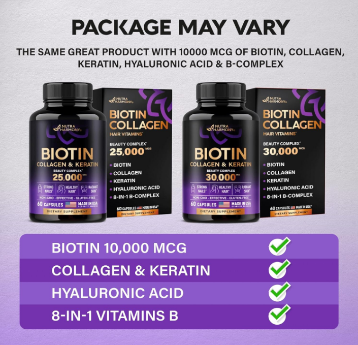 Biotin - Collagen -  Keratin - Hyaluronic Acid - Hair Growth Support Supplement - Skin & Nails Beauty Complex 25000 mcg - B1 - B2 - B3 | B6 - B7 - Made in USA - For Women & Men - 60 Capsule -hair growth supplement-  health- product i,age- muzsha ltd- trend hub