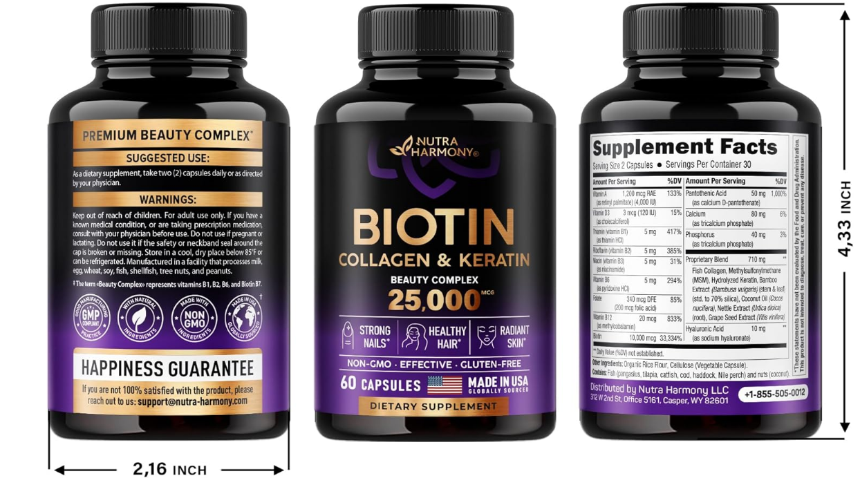 Biotin - Collagen -  Keratin - Hyaluronic Acid - Hair Growth Support Supplement - Skin & Nails Beauty Complex 25000 mcg - B1 - B2 - B3 | B6 - B7 - Made in USA - For Women & Men - 60 Capsule - Muzsha Ltd