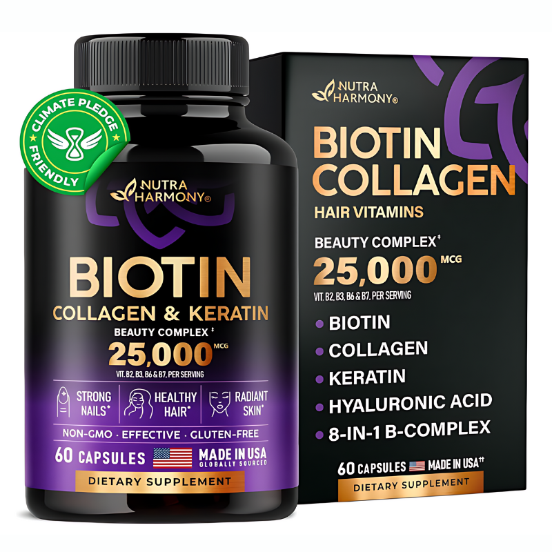 Biotin - Collagen -  Keratin - Hyaluronic Acid - Hair Growth Support Supplement - Skin & Nails Beauty Complex 25000 mcg - B1 - B2 - B3 | B6 - B7 - Made in USA - For Women & Men - 60 Capsule -hair growth supplement-  health- product i,age- muzsha ltd- trend hub