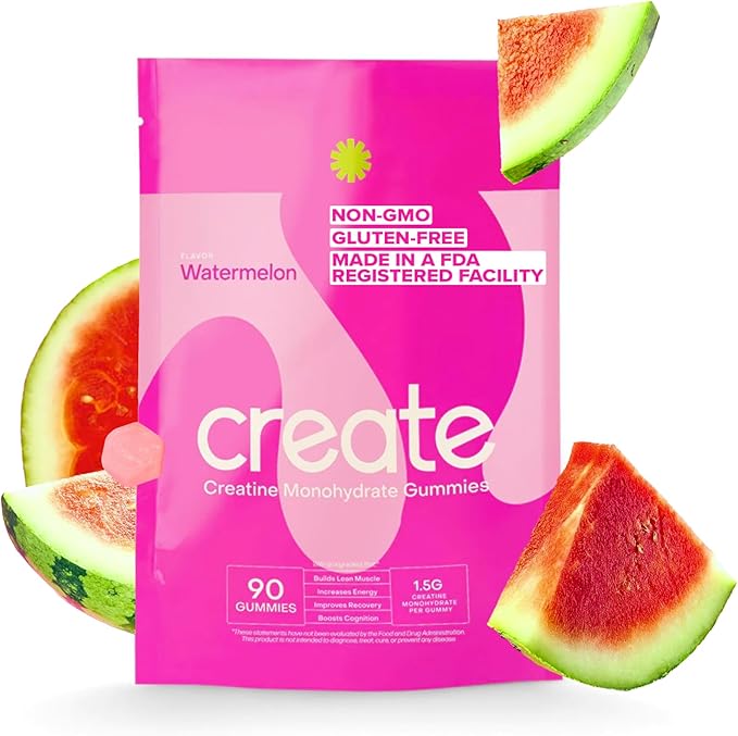 Create Creatine Monohydrate Gummies for Men & Women - Boost Focus, Strength, and Endurance, Anti-Melting Formula, Vegan, Gluten-Free, Non-GMO, 1.5 Gram Creatine per Gummy (Watermelon, 90ct)