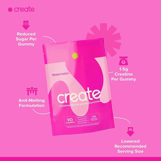 Create Creatine Monohydrate Gummies for Men & Women - Boost Focus, Strength, and Endurance, Anti-Melting Formula, Vegan, Gluten-Free, Non-GMO, 1.5 Gram Creatine per Gummy (Watermelon, 90ct)