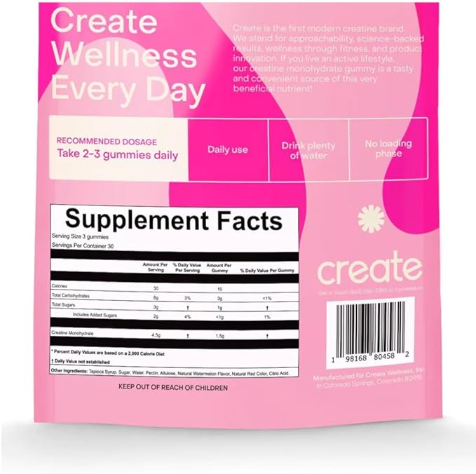 Create Creatine Monohydrate Gummies for Men & Women - Boost Focus, Strength, and Endurance, Anti-Melting Formula, Vegan, Gluten-Free, Non-GMO, 1.5 Gram Creatine per Gummy (Watermelon, 90ct)