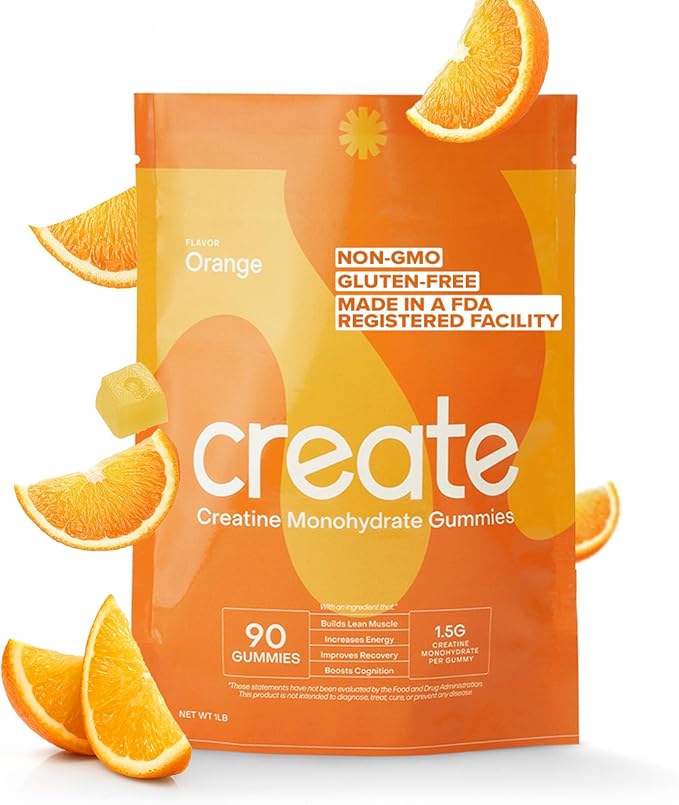 Create Creatine Monohydrate Gummies for Men & Women, Boost Focus, Strength, and Endurance, Anti-Melting Formula, Vegan, Gluten-Free, Non-GMO, 1.5g of Creatine per Gummy (Orange, 90ct)