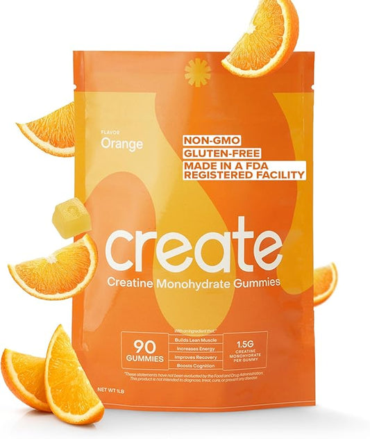 Create Creatine Monohydrate Gummies for Men & Women, Boost Focus, Strength, and Endurance, Anti-Melting Formula, Vegan, Gluten-Free, Non-GMO, 1.5g of Creatine per Gummy (Orange, 90ct)