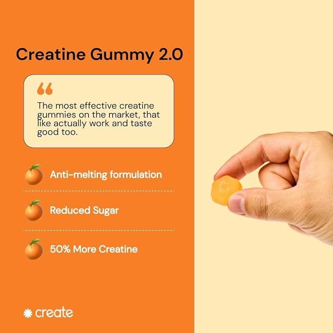 Create Creatine Monohydrate Gummies for Men & Women, Boost Focus, Strength, and Endurance, Anti-Melting Formula, Vegan, Gluten-Free, Non-GMO, 1.5g of Creatine per Gummy (Orange, 90ct)