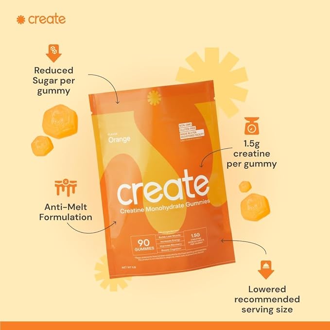 Create Creatine Monohydrate Gummies for Men & Women, Boost Focus, Strength, and Endurance, Anti-Melting Formula, Vegan, Gluten-Free, Non-GMO, 1.5g of Creatine per Gummy (Orange, 90ct)