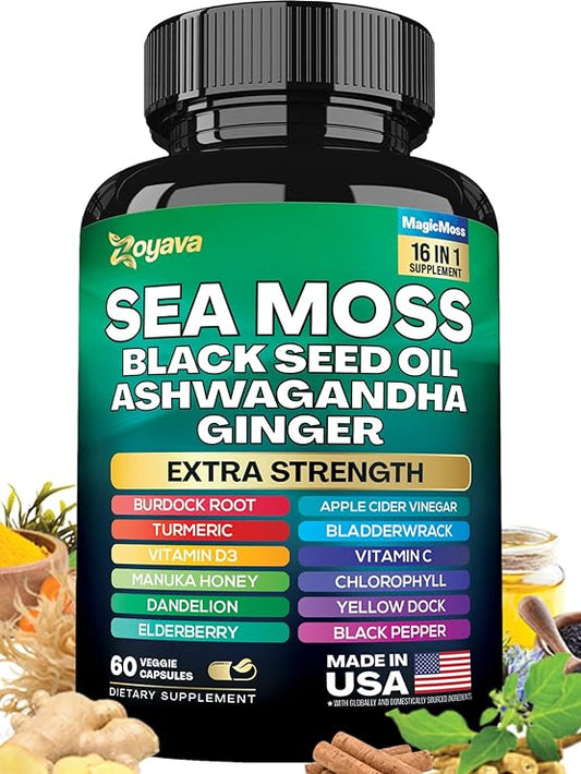 Sea Moss 7000mg Black Seed Oil 4000mg Ashwagandha 2000mg Turmeric 2000mg Bladderwrack 2000mg Burdock 2000mg & Ginger Vitamin C Vitamin D3 with Elderberry Manuka Dandelion Yellow Dock Chlorophyll ACV