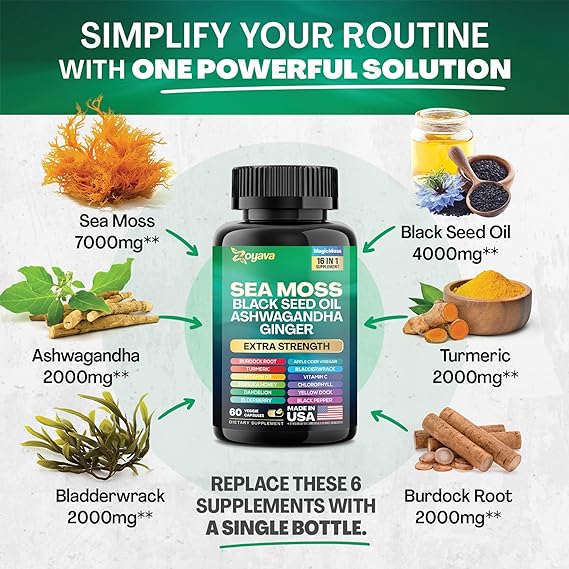 Sea Moss 7000mg Black Seed Oil 4000mg Ashwagandha 2000mg Turmeric 2000mg Bladderwrack 2000mg Burdock 2000mg & Ginger Vitamin C Vitamin D3 with Elderberry Manuka Dandelion Yellow Dock Chlorophyll ACV