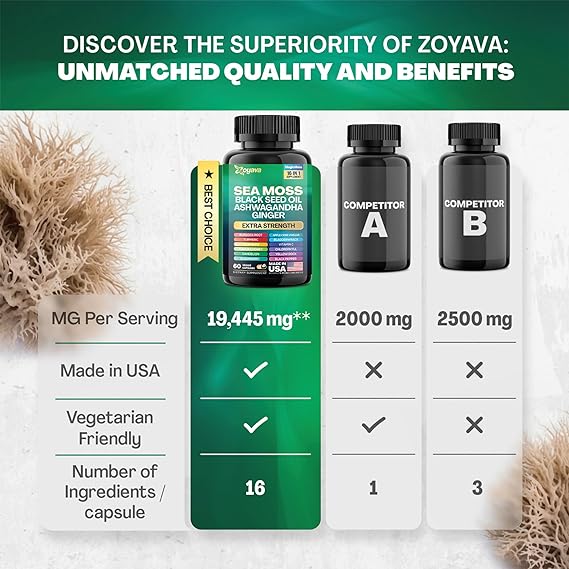 Sea Moss 7000mg Black Seed Oil 4000mg Ashwagandha 2000mg Turmeric 2000mg Bladderwrack 2000mg Burdock 2000mg & Ginger Vitamin C Vitamin D3 with Elderberry Manuka Dandelion Yellow Dock Chlorophyll ACV