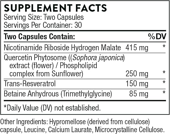 THORNE ResveraCel - Nicotinamide Riboside with Quercetin Phytosome and Resveratrol - Support Healthy Aging, Methylation, Cellular Energy Production and Metabolism - 60 Capsules - 30 Servings