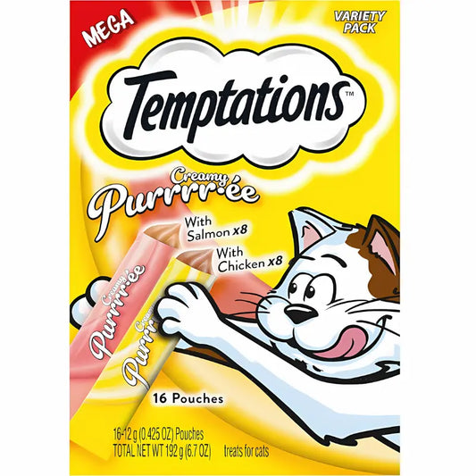 Temptations Creamy Puree with Chicken and Salmon Variety Pack of Lickable, Squeezable Cat Treats, 0.42 Oz Pouches, 16 Count - Muzsha LTD